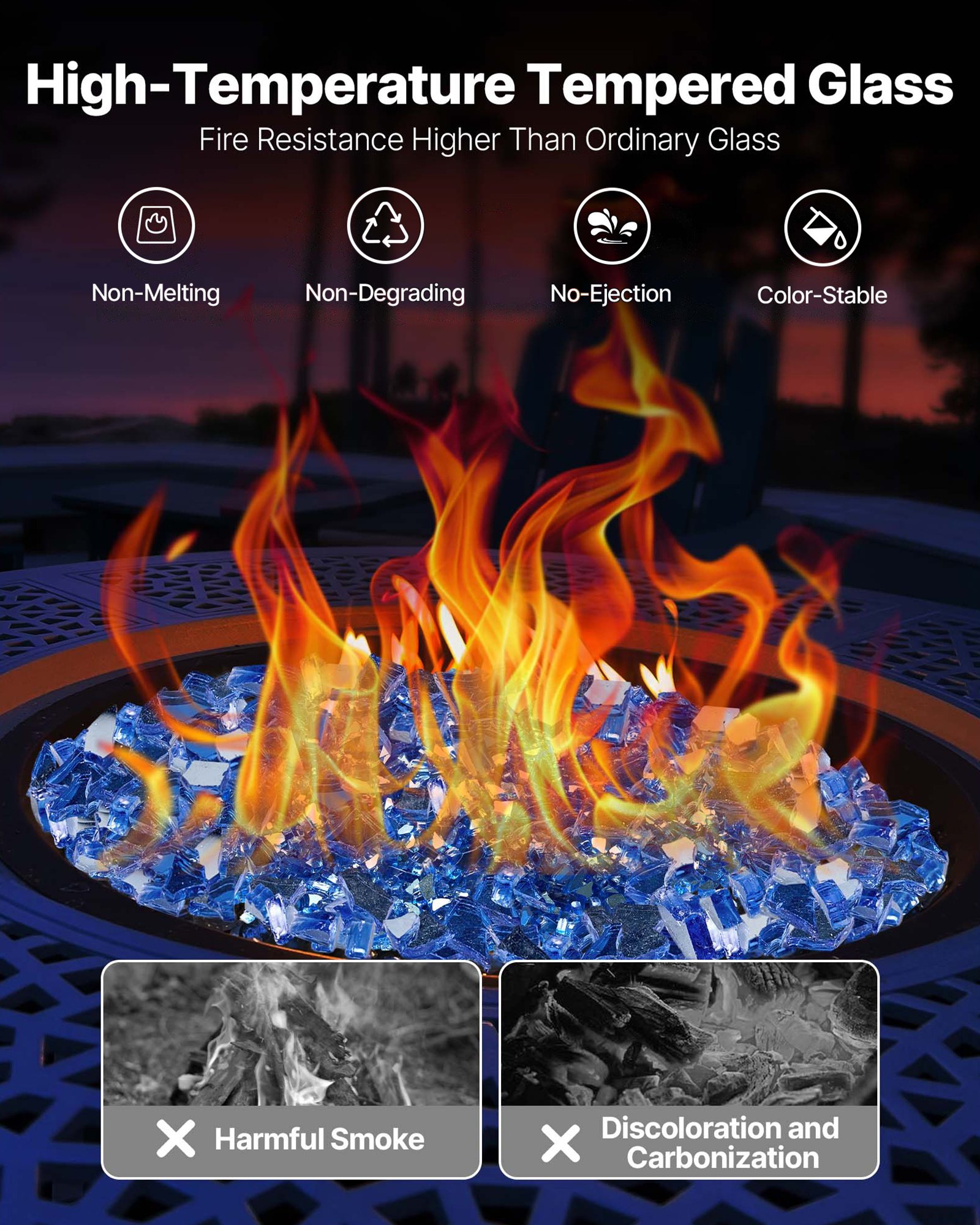 VEVOR Fire Glass, 10LBS / 4.5KG High-Temperature Resistant Fireplace Rocks, 1/4-Inch / 6.35 mm Reflective & Smokeless Firepit Glass Rock, High Luster Stone Landscaping for Fire Pit Table, Cobalt Blue