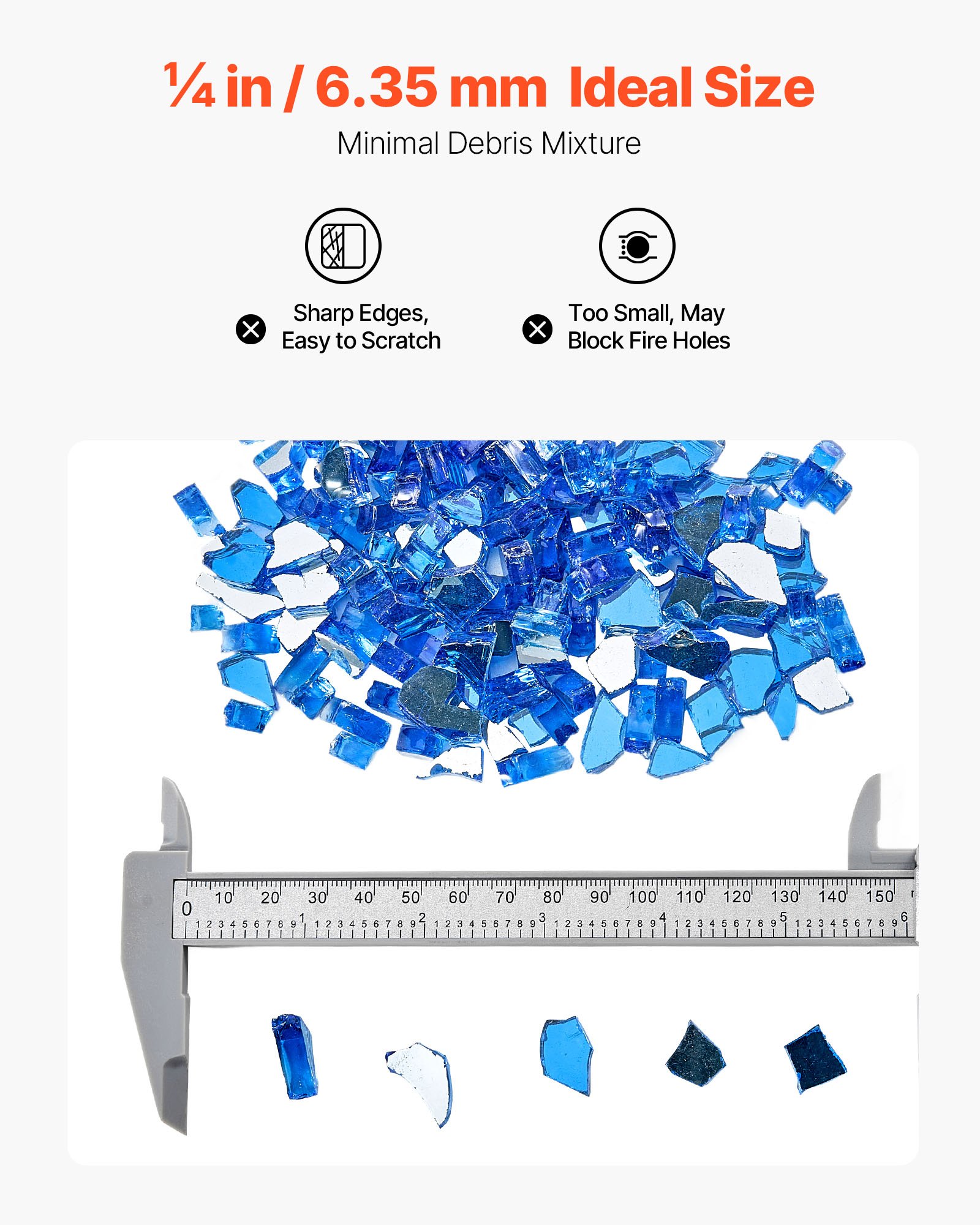 VEVOR Fire Glass, 10LBS / 4.5KG High-Temperature Resistant Fireplace Rocks, 1/4-Inch / 6.35 mm Reflective & Smokeless Firepit Glass Rock, High Luster Stone Landscaping for Fire Pit Table, Cobalt Blue