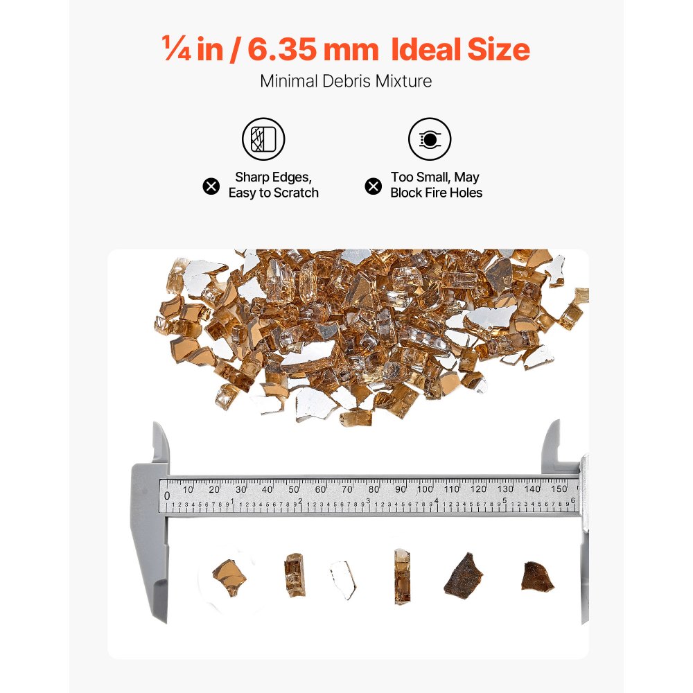 VEVOR Fire Glass, 10 LBS / 4.5 KG High-Temperature Resistant Fireplace Rocks, 1/4-Inch / 6.35 mm Reflective & Smokeless Firepit Glass Rock, High Luster Stone Landscaping for Fire Pit Table, Copper
