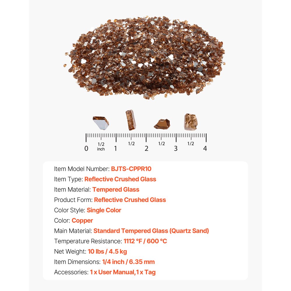 VEVOR Fire Glass, 10 LBS / 4.5 KG High-Temperature Resistant Fireplace Rocks, 1/4-Inch / 6.35 mm Reflective & Smokeless Firepit Glass Rock, High Luster Stone Landscaping for Fire Pit Table, Copper