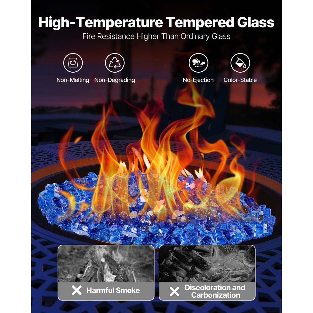 VEVOR Fire Glass, 35LBS / 15.88KG High-Temperature Resistant Fireplace Rocks, 1/2-Inch / 12.7mm Reflective & Smokeless Firepit Glass Rock, High Luster Stone Landscaping for Fire Pit Table, Cobalt Blue