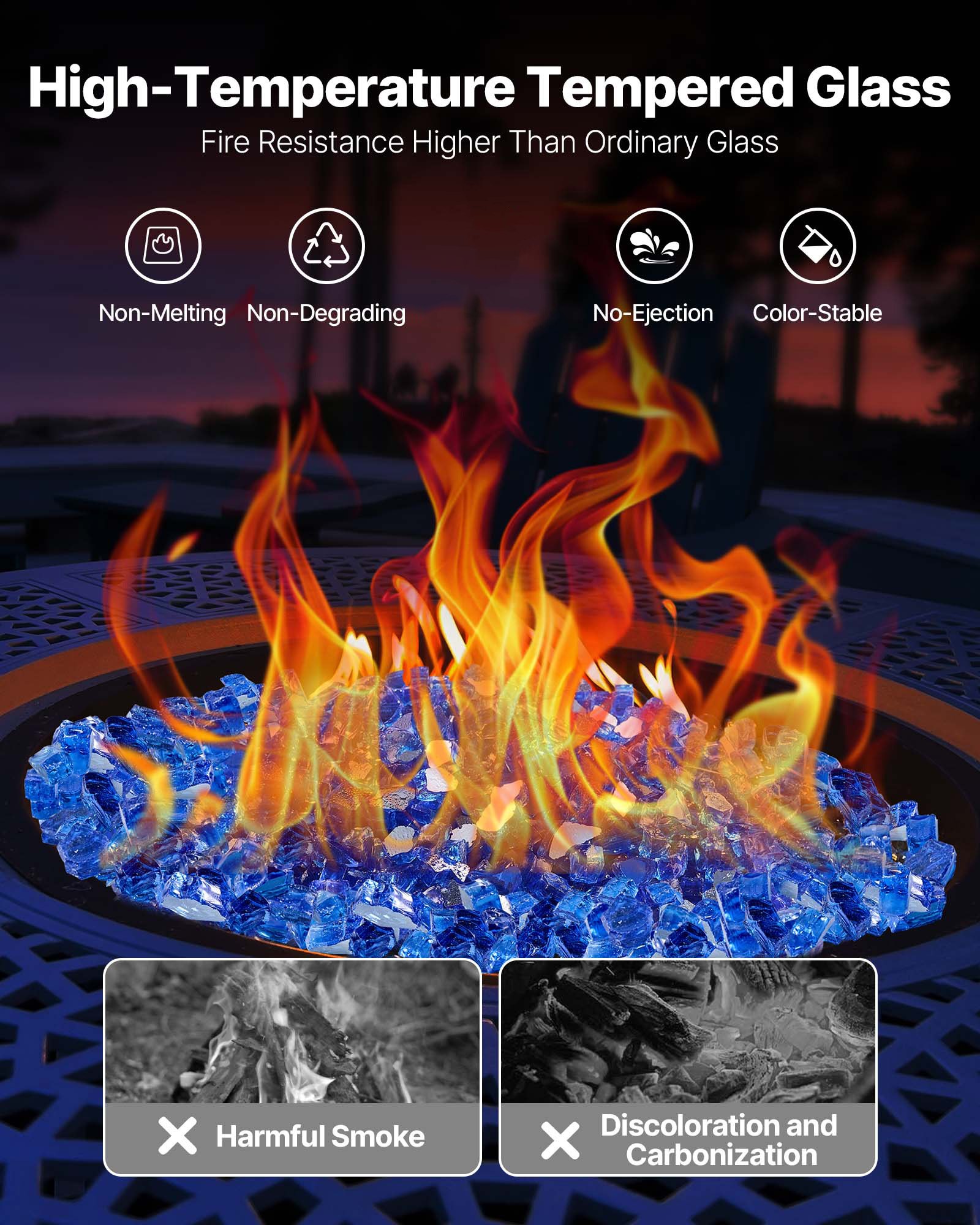 VEVOR Fire Glass, 35LBS / 15.88KG High-Temperature Resistant Fireplace Rocks, 1/2-Inch / 12.7mm Reflective & Smokeless Firepit Glass Rock, High Luster Stone Landscaping for Fire Pit Table, Cobalt Blue