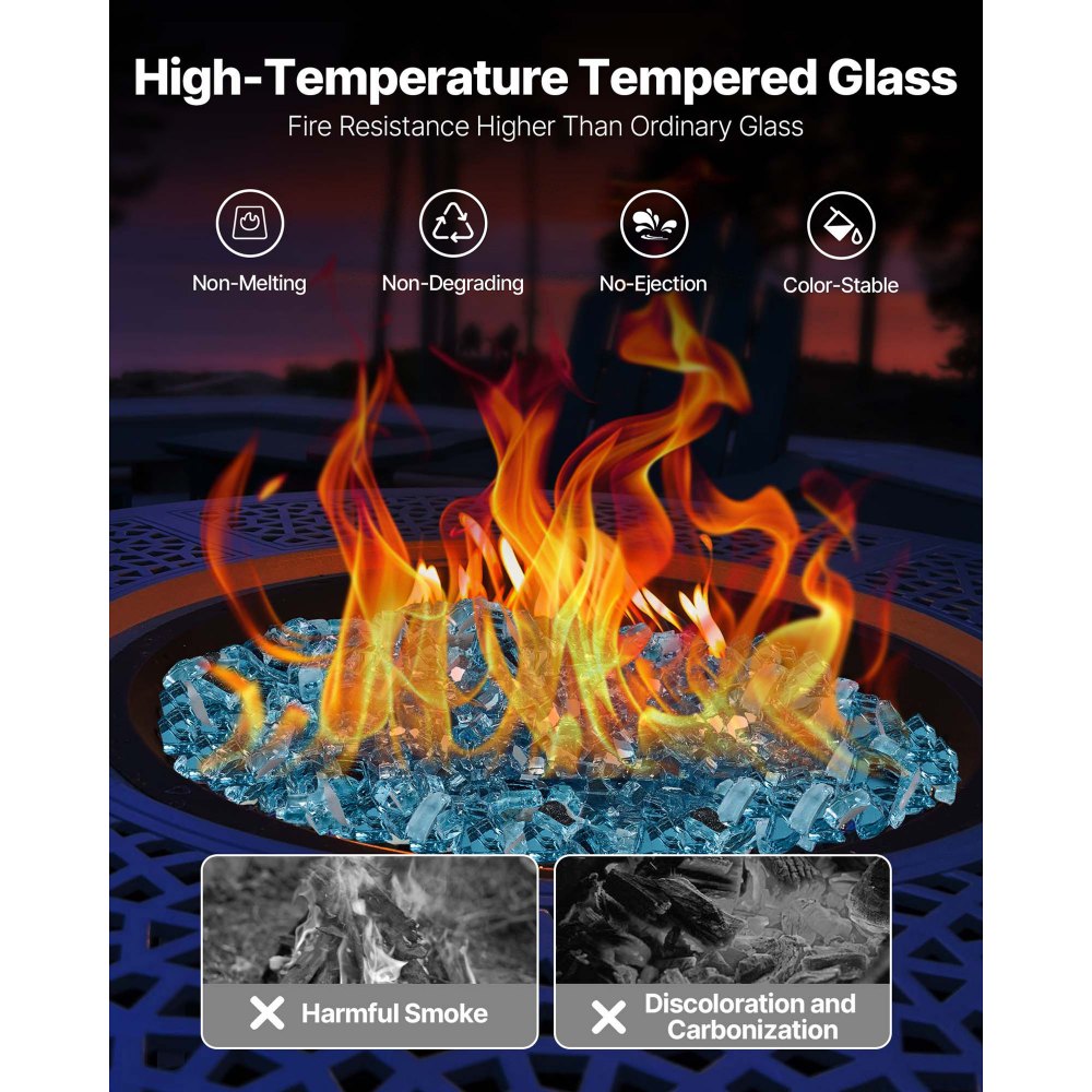 VEVOR Fire Glass, 10 LBS / 4.5 KG High-Temperature Resistant Fireplace Rocks, 1/2-Inch / 12.7 mm Reflective & Smokeless Firepit Glass Rock, High Luster Stone Landscaping for Fire Pit Table, Aqua Blue