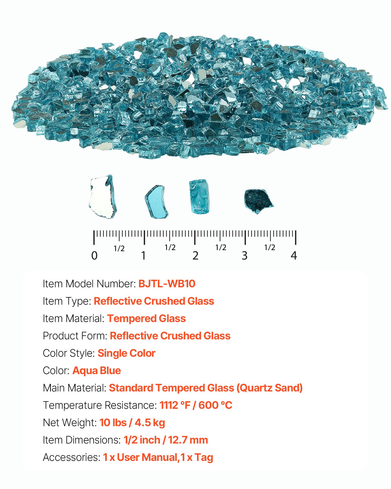 VEVOR Fire Glass, 10 LBS / 4.5 KG High-Temperature Resistant Fireplace Rocks, 1/2-Inch / 12.7 mm Reflective & Smokeless Firepit Glass Rock, High Luster Stone Landscaping for Fire Pit Table, Aqua Blue