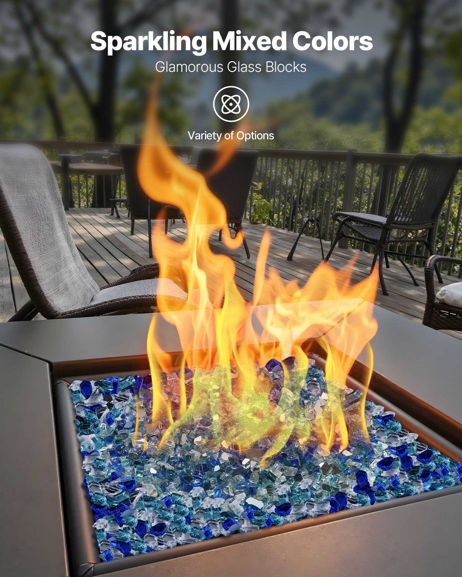 VEVOR Fire Glass, 10 LBS / 4.5 KG Fireplace Rocks, 1/2-Inch / 12.7 mm Reflective Firepit Glass Rock, High Luster & Smokeless Stone Landscaping for Fire Pit Table, Cobalt Blue + Aqua Blue + Clear