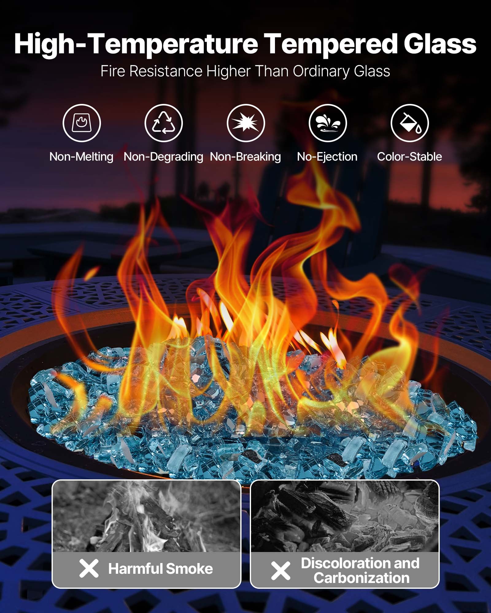 VEVOR Fire Glass, 20 LBS / 9 KG High-Temperature Resistant Fireplace Rocks, 1/2-Inch / 12.7 mm Reflective & Smokeless Firepit Glass Rock, High Luster Stone Landscaping for Fire Pit Table, Aqua Blue