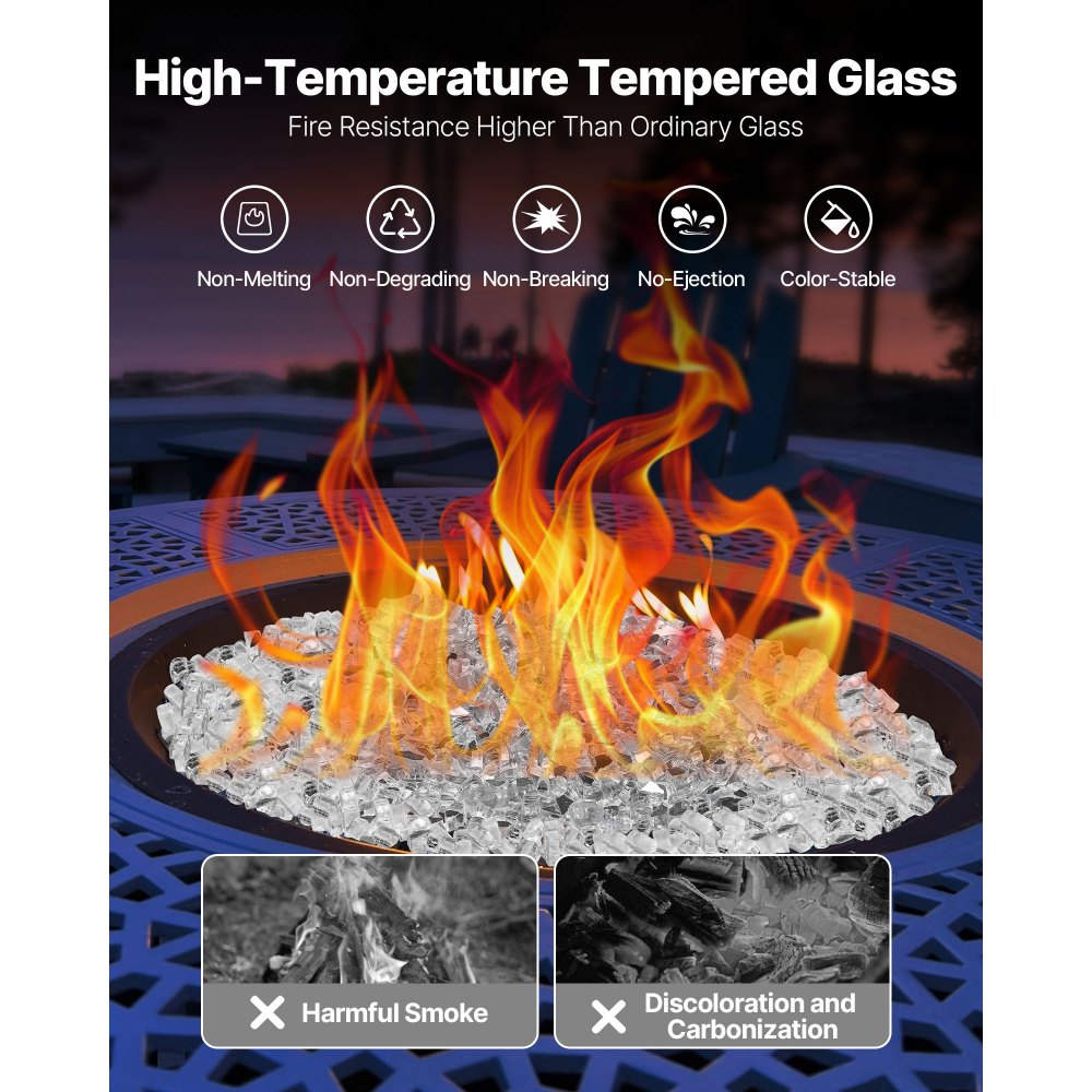 VEVOR Fire Glass, 10 LBS / 4.5 KG High-Temperature Resistant Fireplace Rocks, 1/2-Inch / 12.7 mm Reflective & Smokeless Firepit Glass Rock, High Luster Stone Landscaping for Fire Pit Table, Clear