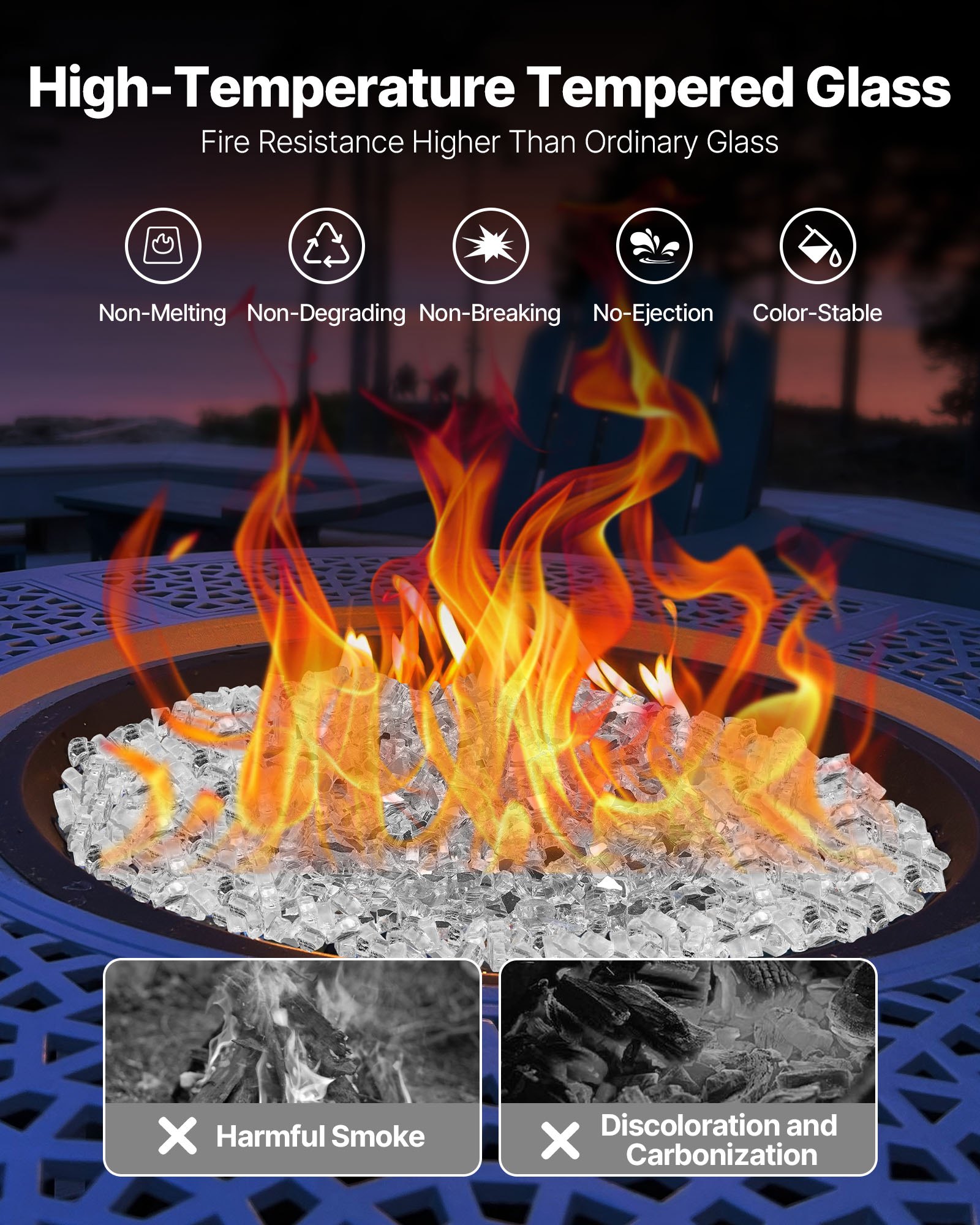 VEVOR Fire Glass, 10 LBS / 4.5 KG High-Temperature Resistant Fireplace Rocks, 1/2-Inch / 12.7 mm Reflective & Smokeless Firepit Glass Rock, High Luster Stone Landscaping for Fire Pit Table, Clear