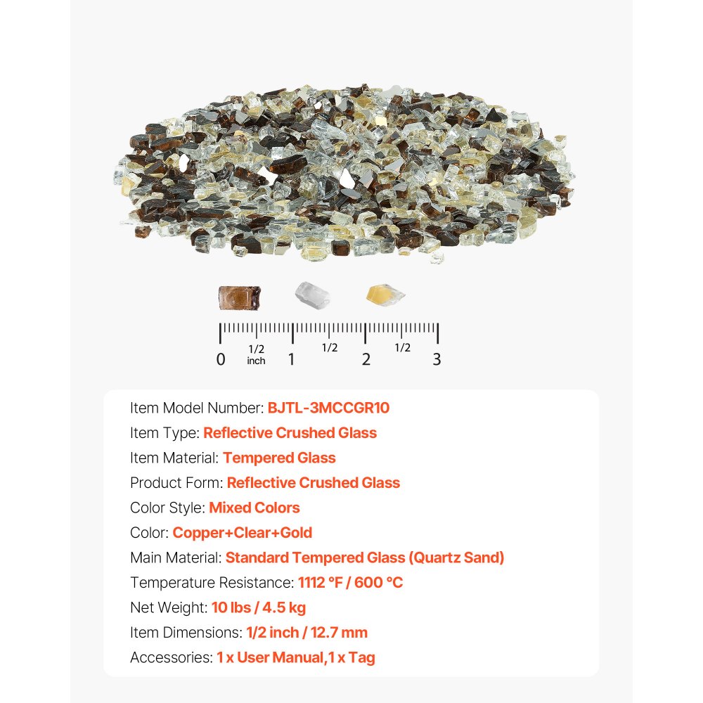 VEVOR Fire Glass, 10 LBS / 4.5 KG High-Temperature Resistant Fireplace Rocks, 1/2-Inch / 12.7 mm Reflective Firepit Glass Rock, High Luster Stone Landscaping for Fire Pit Table, Copper + Clear + Gold