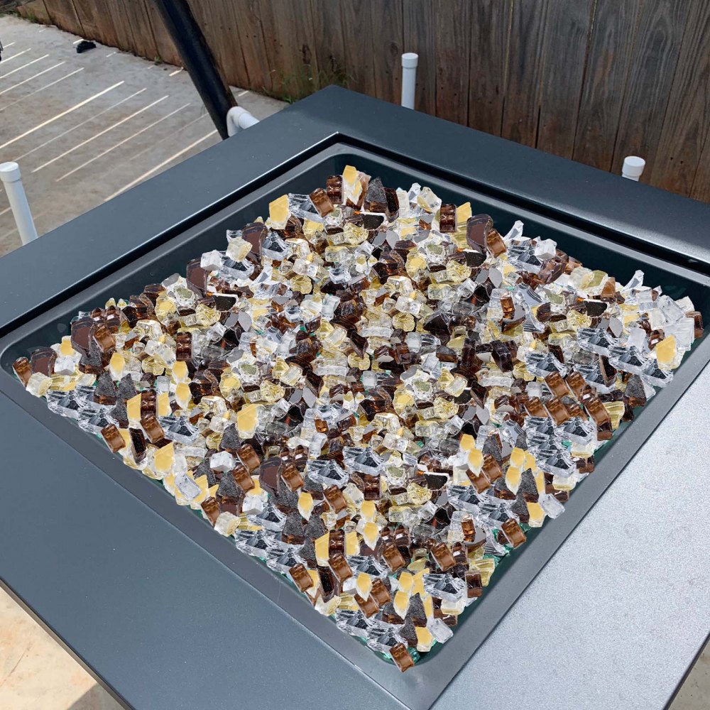 VEVOR Fire Glass, 10 LBS / 4.5 KG High-Temperature Resistant Fireplace Rocks, 1/2-Inch / 12.7 mm Reflective Firepit Glass Rock, High Luster Stone Landscaping for Fire Pit Table, Copper + Clear + Gold