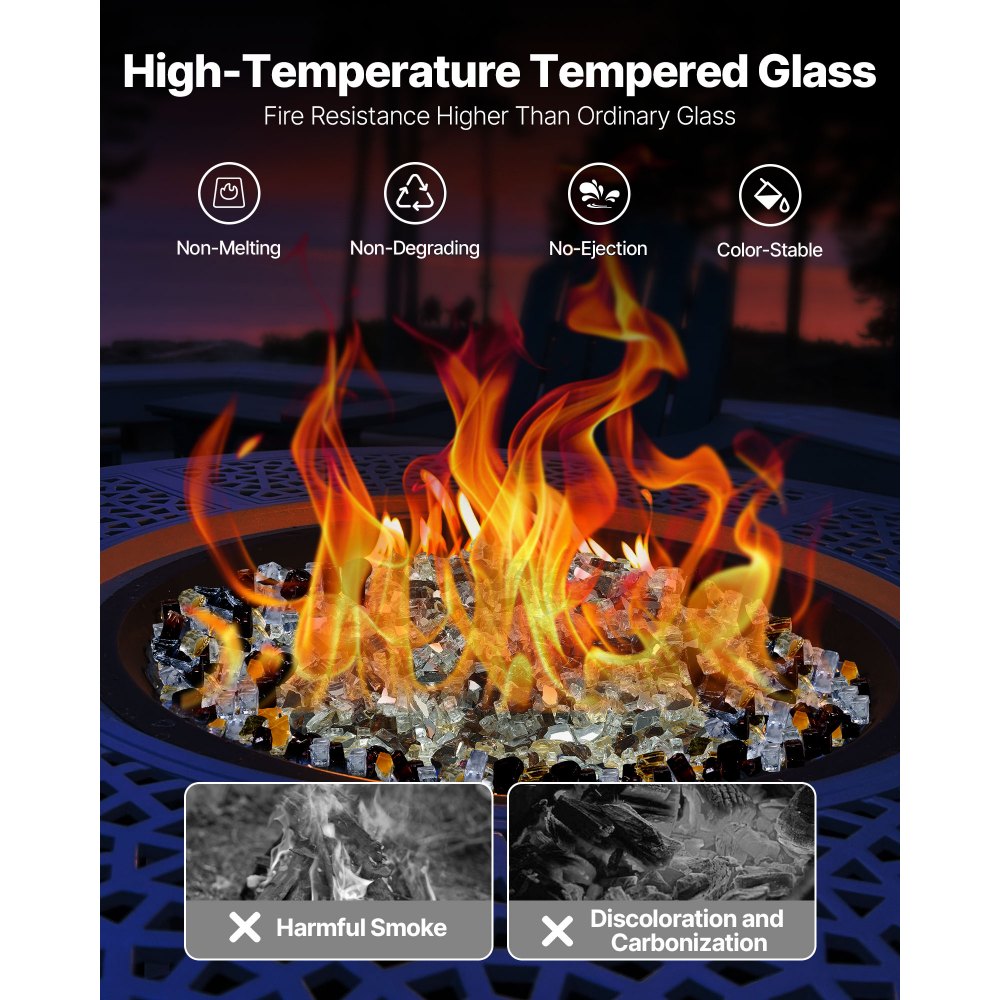 VEVOR Fire Glass, 10 LBS / 4.5 KG High-Temperature Resistant Fireplace Rocks, 1/2-Inch / 12.7 mm Reflective Firepit Glass Rock, High Luster Stone Landscaping for Fire Pit Table, Copper + Clear + Gold