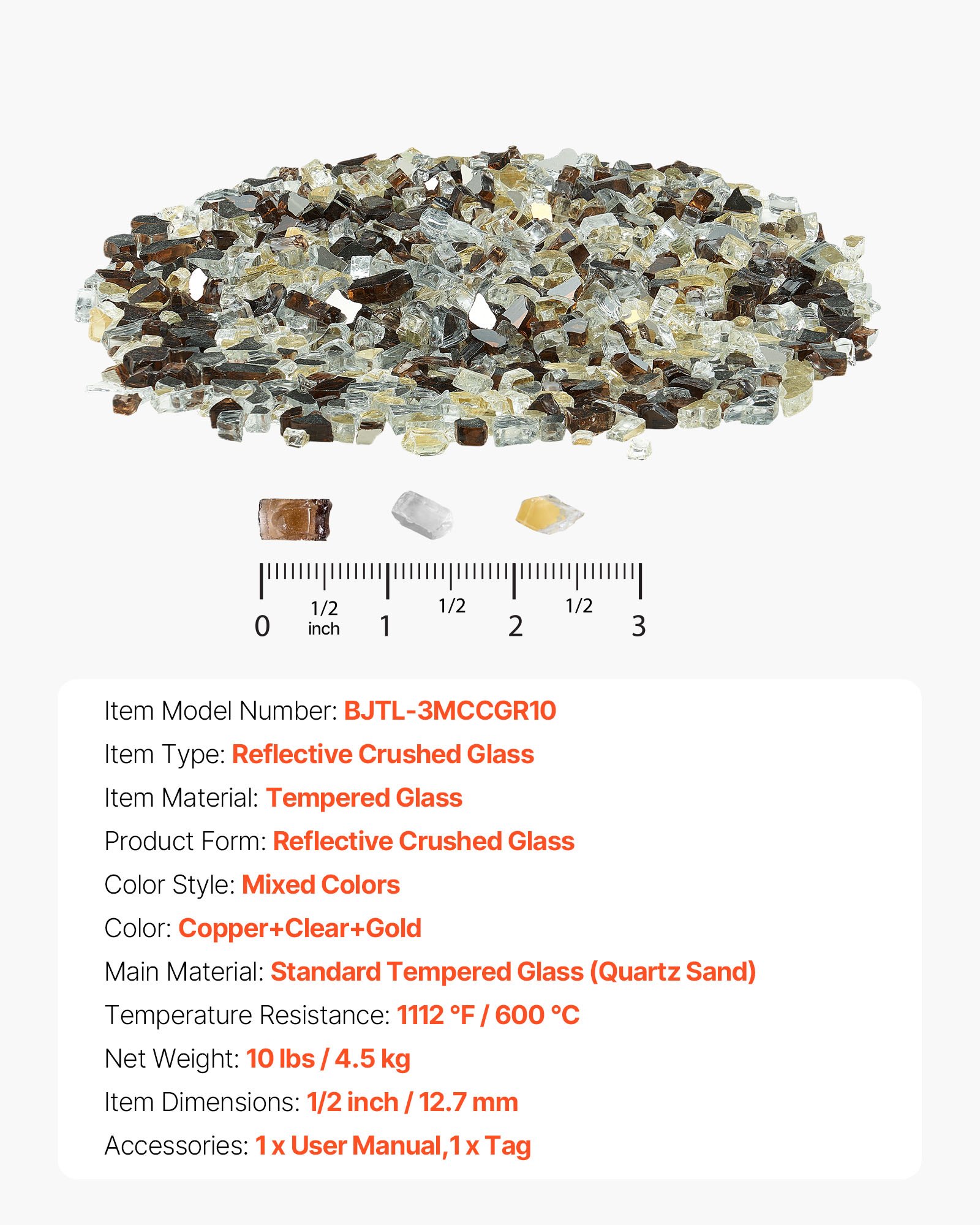 VEVOR Fire Glass, 10 LBS / 4.5 KG High-Temperature Resistant Fireplace Rocks, 1/2-Inch / 12.7 mm Reflective Firepit Glass Rock, High Luster Stone Landscaping for Fire Pit Table, Copper + Clear + Gold
