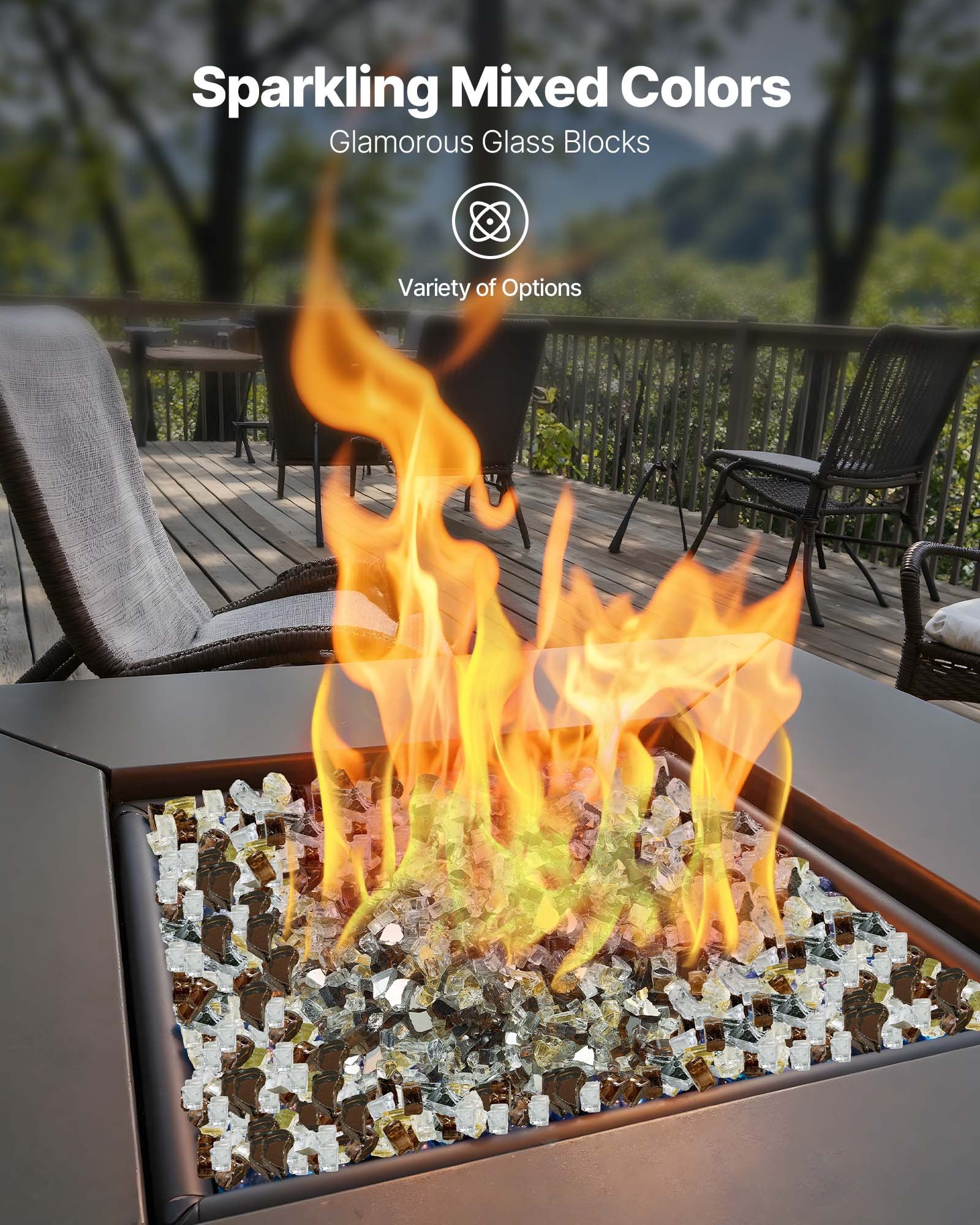 VEVOR Fire Glass, 10 LBS / 4.5 KG High-Temperature Resistant Fireplace Rocks, 1/2-Inch / 12.7 mm Reflective Firepit Glass Rock, High Luster Stone Landscaping for Fire Pit Table, Copper + Clear + Gold