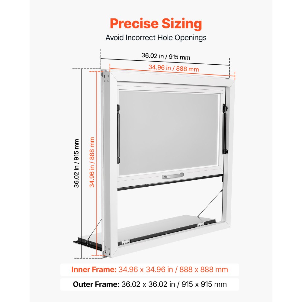 VEVOR Concession Window Folding Shelf 36x36in Aluminum Alloy Service Window, for Food Truck, Up to 85 Degrees, with Awning Door and Drag Hook, Rainwater Resistant