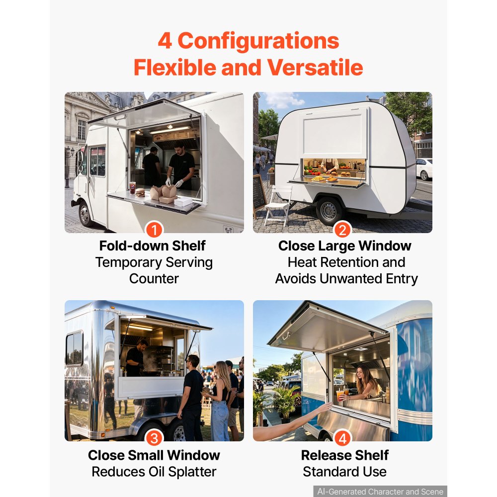 VEVOR Concession Window Folding Shelf 36x36in Aluminum Alloy Service Window, for Food Truck, Up to 85 Degrees, with Awning Door and Drag Hook, Rainwater Resistant