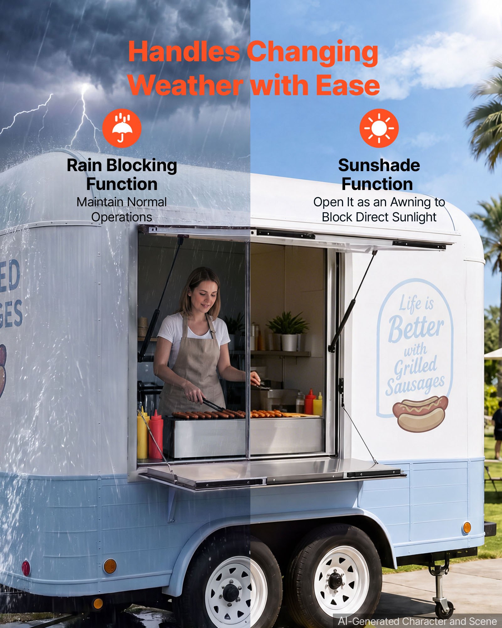 VEVOR Concession Window Folding Shelf 36x36in Aluminum Alloy Service Window, for Food Truck, Up to 85 Degrees, with Awning Door and Drag Hook, Rainwater Resistant