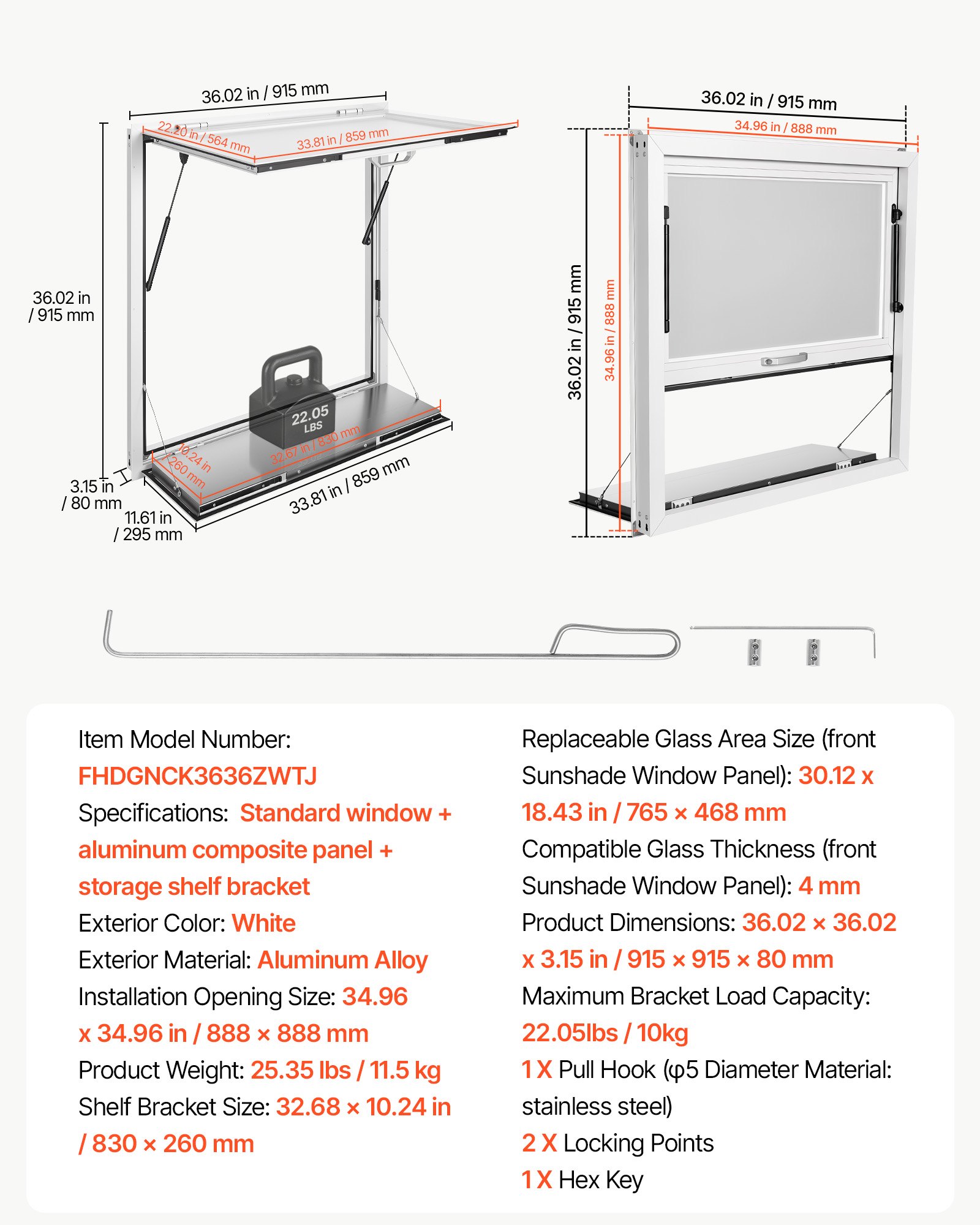 VEVOR Concession Window Folding Shelf 36x36in Aluminum Alloy Service Window, for Food Truck, Up to 85 Degrees, with Awning Door and Drag Hook, Rainwater Resistant