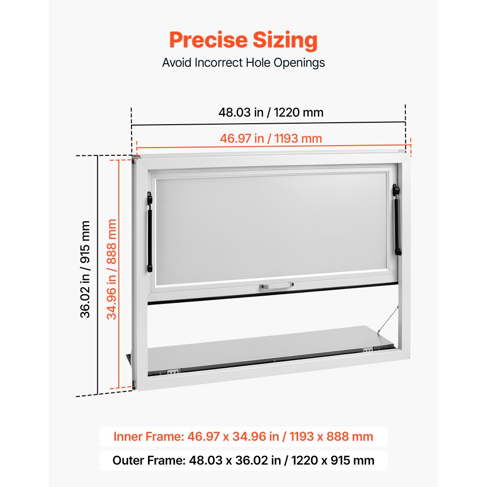 VEVOR Concession Window Folding Shelf 48x36in Aluminum Alloy Service Window, for Food Truck, Up to 85 Degrees, with Awning Door and Drag Hook, Rainwater Resistant