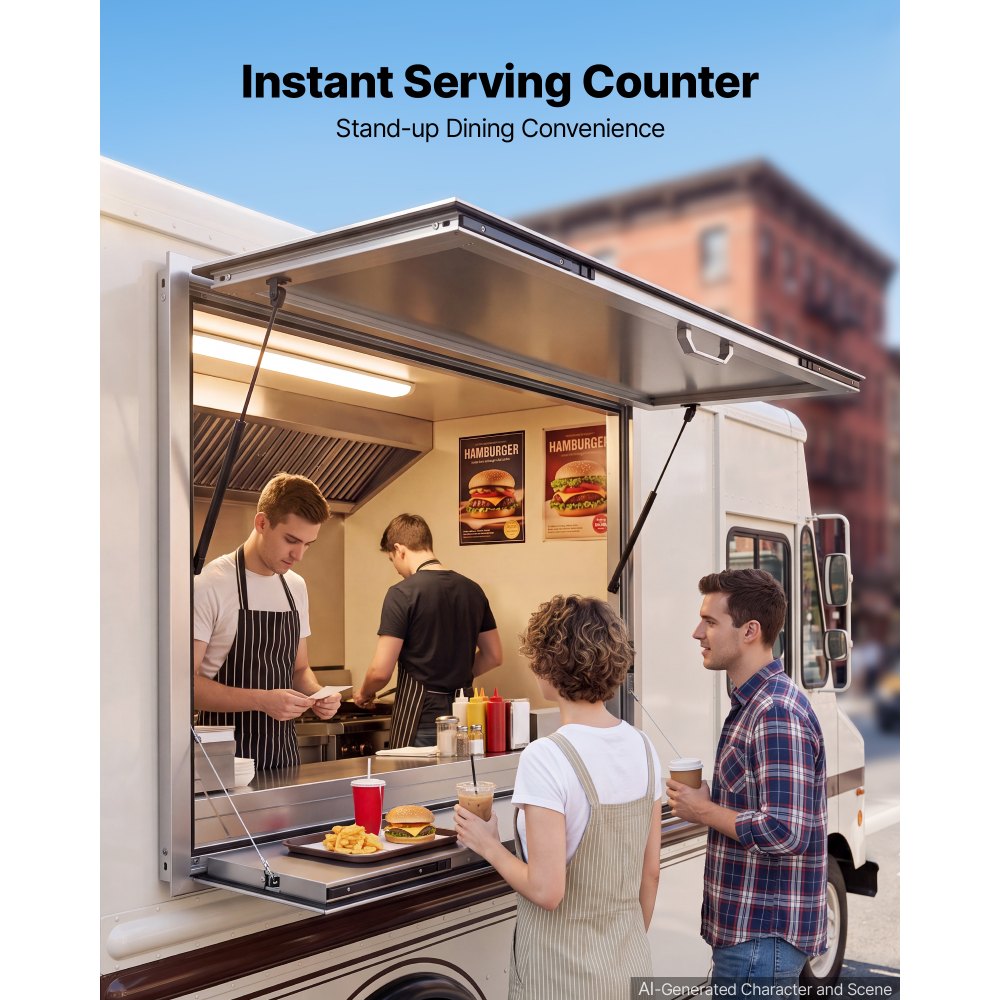VEVOR Concession Window Folding Shelf 48x36in Aluminum Alloy Service Window, for Food Truck, Up to 85 Degrees, with Awning Door and Drag Hook, Rainwater Resistant