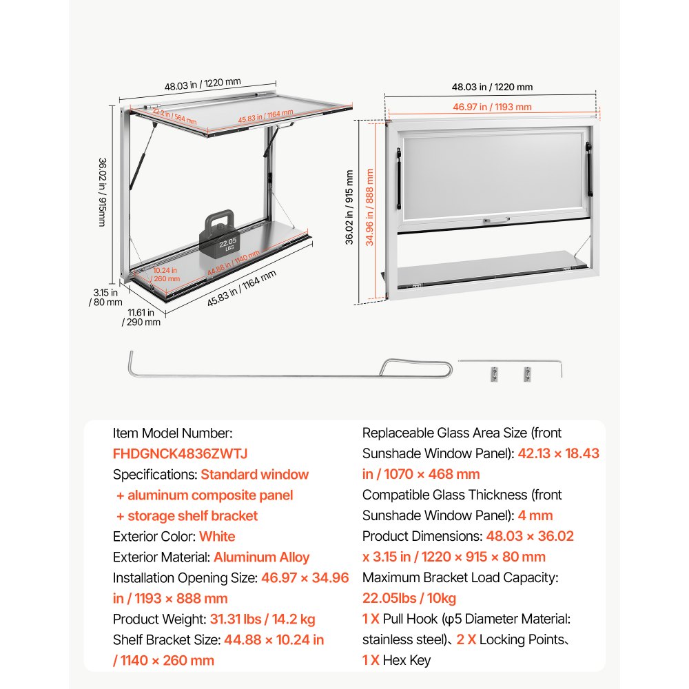 VEVOR Concession Window Folding Shelf 48x36in Aluminum Alloy Service Window, for Food Truck, Up to 85 Degrees, with Awning Door and Drag Hook, Rainwater Resistant