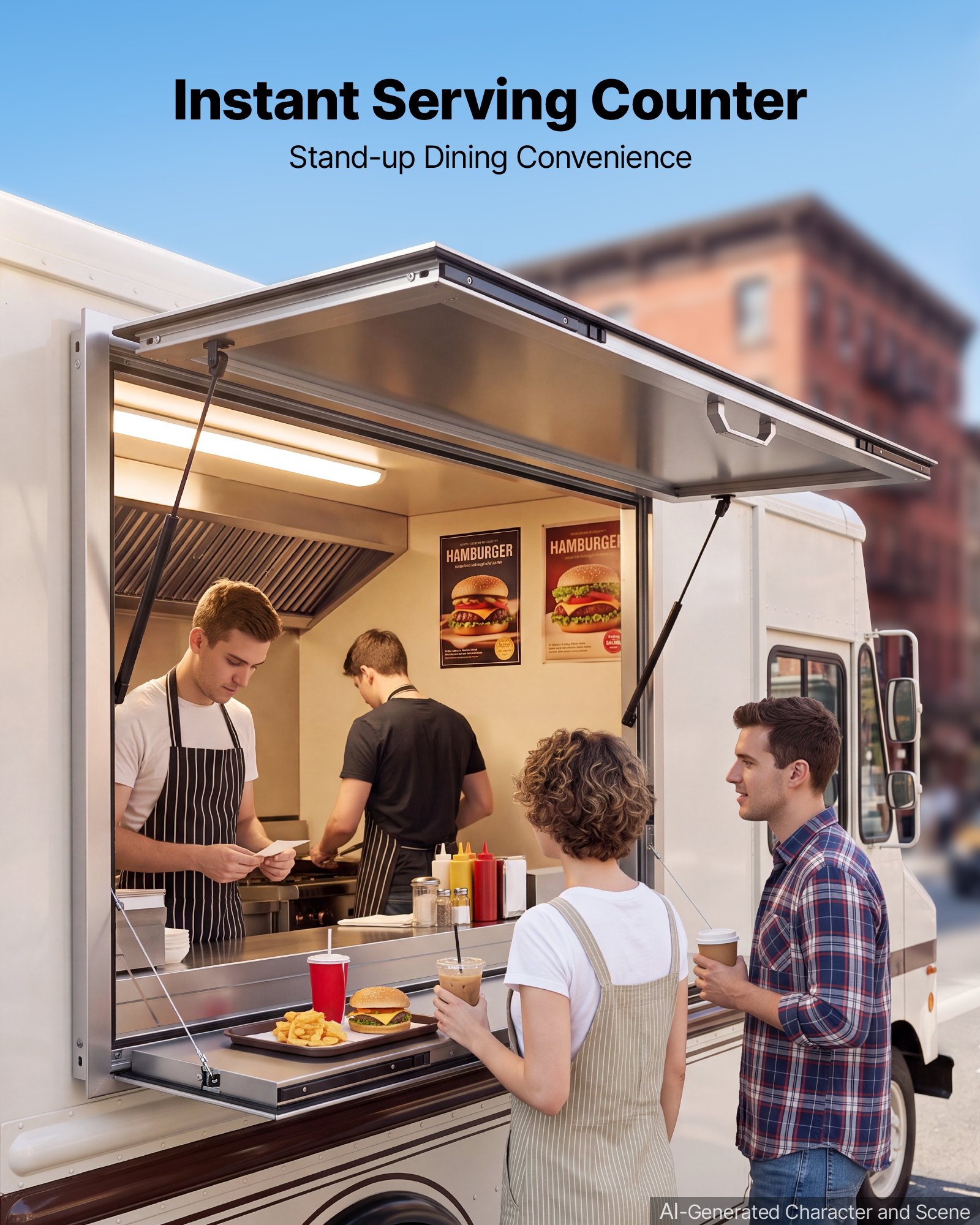 VEVOR Concession Window Folding Shelf 48x36in Aluminum Alloy Service Window, for Food Truck, Up to 85 Degrees, with Awning Door and Drag Hook, Rainwater Resistant