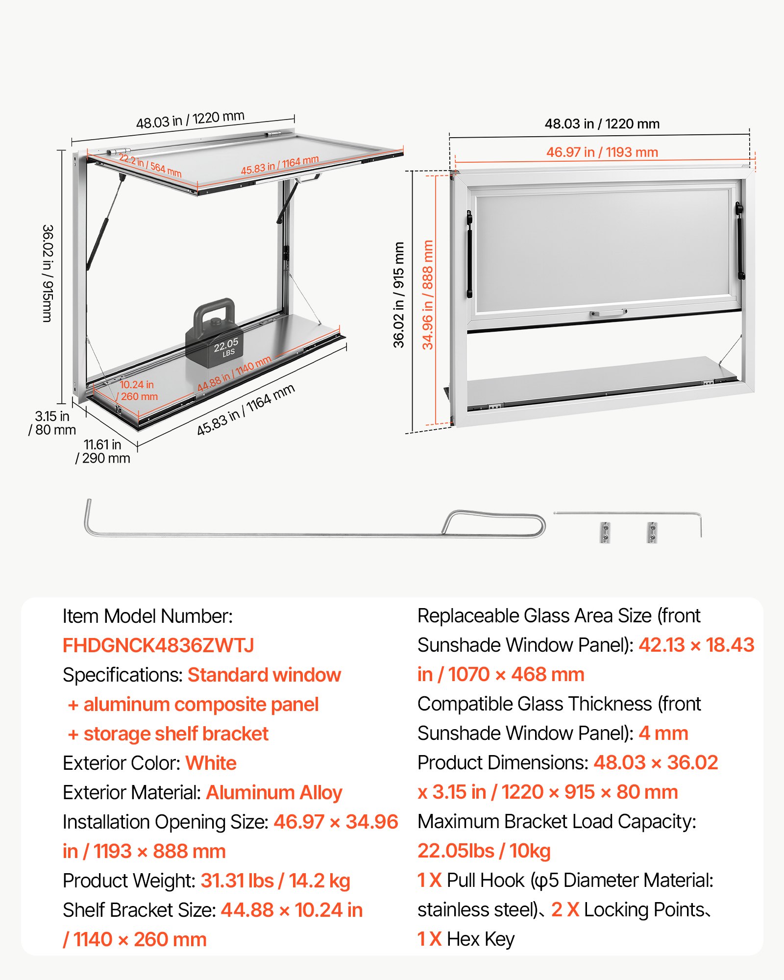 VEVOR Concession Window Folding Shelf 48x36in Aluminum Alloy Service Window, for Food Truck, Up to 85 Degrees, with Awning Door and Drag Hook, Rainwater Resistant