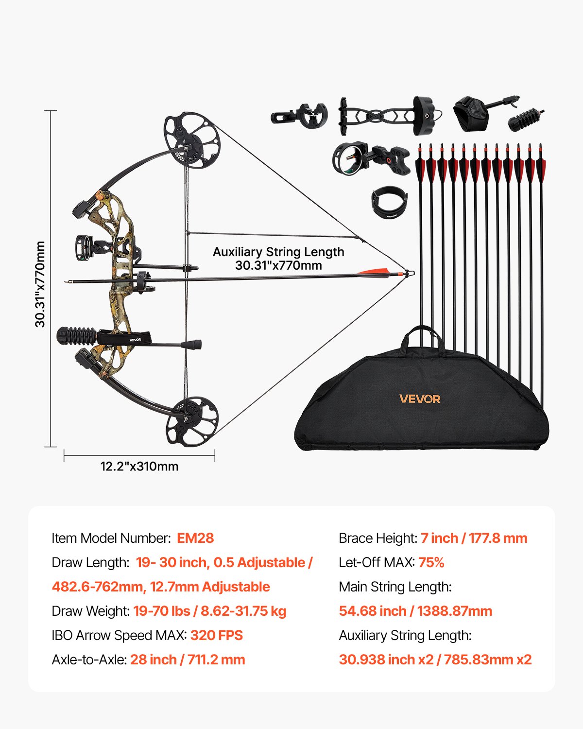 VEVOR Compound Bow Archery, Adjustable 19-30 in Draw Length Compound Bow Package for Beginner, 19-70 Lbs Draw Weight Archery Bows and Arrow Set, Right Hand Kit with Hunting Equipment, 320 fps