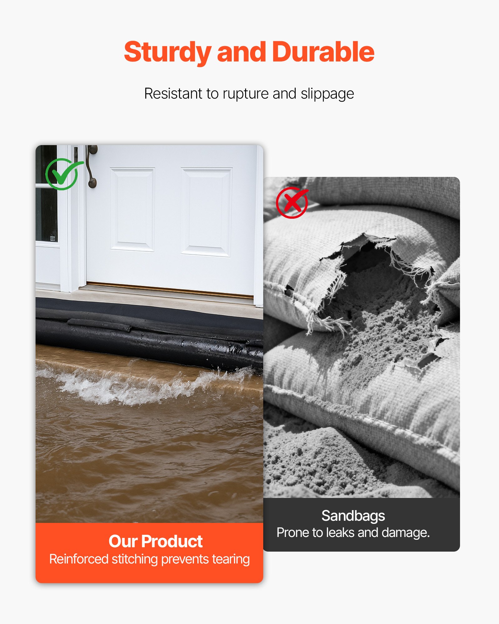 VEVOR Flood Barrier, 8 Pack, 3050 x 210 mm Flood Bags Activated by Water, Reusable Water Absorbent Barrier, Sandless Sandbags Blockage, Flooding Prevention Bags for Home, Doorway, Basement, Garage