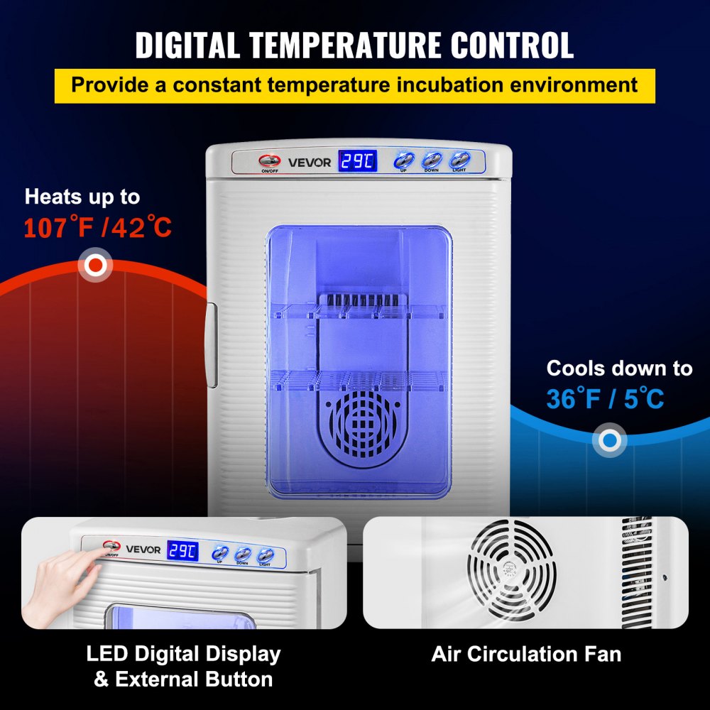 VEVOR Reptile Incubator, 25L Scientific Lab Incubator, Cooling and Heating 5 °C to 42 °C Automatic Incubator, 12V/110V White Reptile Egg Breeding Hatchery Work for Thermostats Snakes and Turtles
