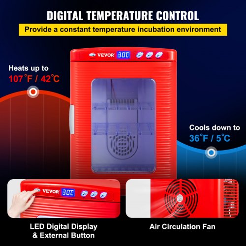 VEVOR Red Reptile Incubator 25L Scientific Lab Incubator Digital Incubator Cooling and Heating 5-60°C Reptile Egg Incubator 12V/110V Work for Small Reptiles