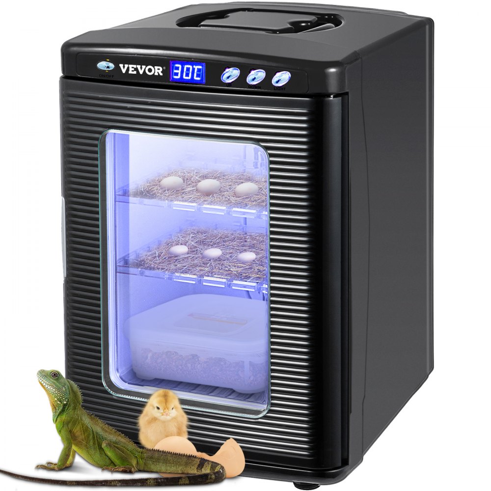 VEVOR reptile incubator with digital display, eggs inside, and included power cables.