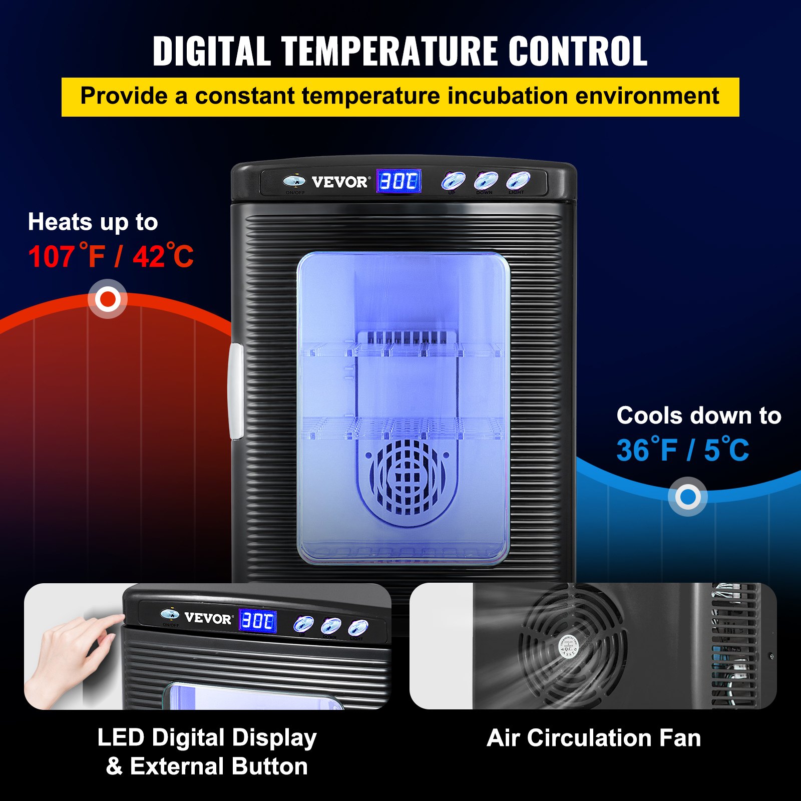 VEVOR Reptile Egg Incubator and Hatcher 25L Black Reptile Egg Incubator 5-42°C Scientific Hatcher Heating Bright LED Digital Display for Small Animals