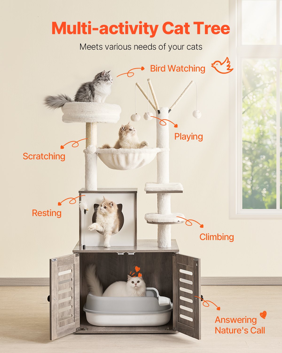 VEVOR Large Cat Tree with Litter Box Enclosure, 54.33 inches Tall, 2-in-1 Cat Tower, Multi-level Cat Condo Furniture with Sisal Scratching Posts, Perches, Hammock, Big Kittens House for Indoor Cats
