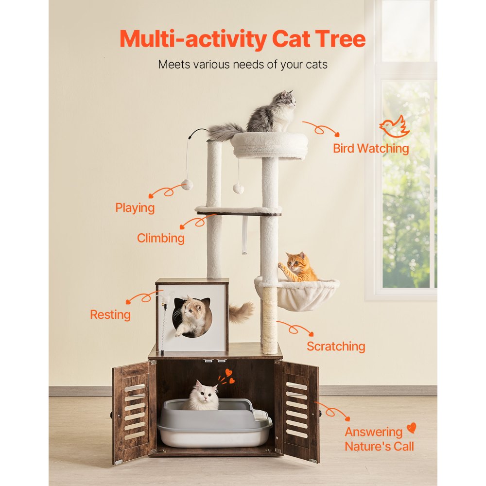 VEVOR Large Cat Tree with Litter Box Enclosure, 55.12 inches Tall, 2-in-1 Cat Tower, Multi-level Cat Condo Furniture with Perches, Sisal Scratching Posts, Hammock, Big Kittens House for Indoor Cats