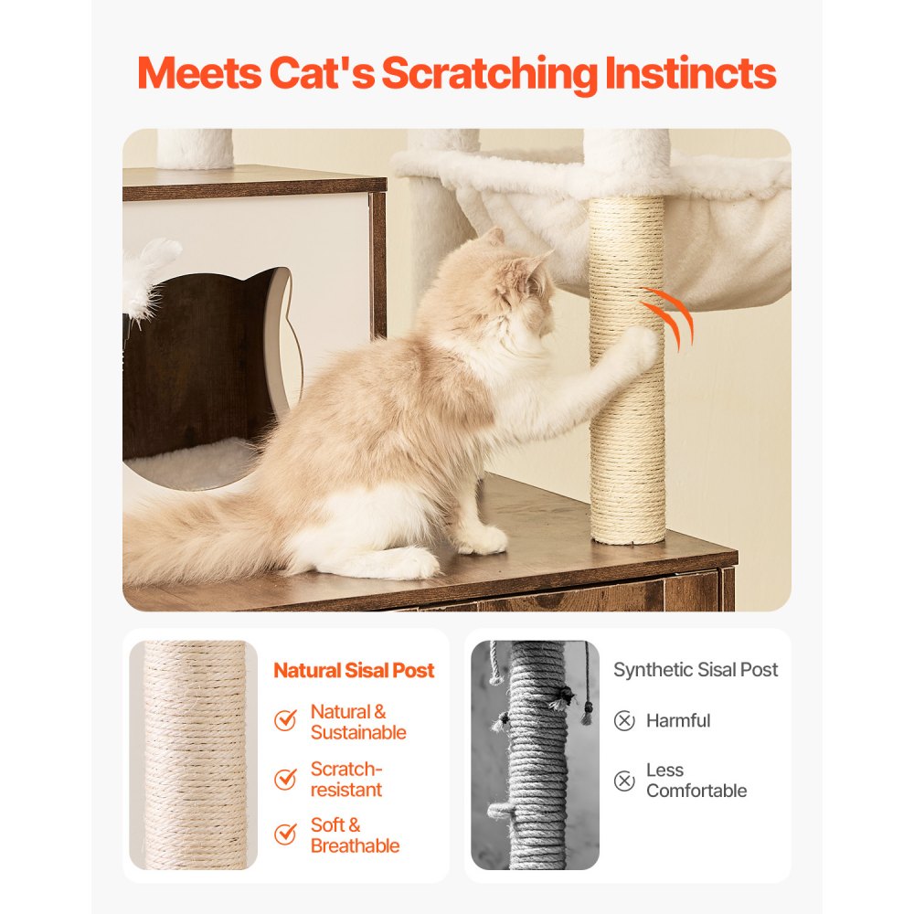 VEVOR Large Cat Tree with Litter Box Enclosure, 55.12 inches Tall, 2-in-1 Cat Tower, Multi-level Cat Condo Furniture with Perches, Sisal Scratching Posts, Hammock, Big Kittens House for Indoor Cats