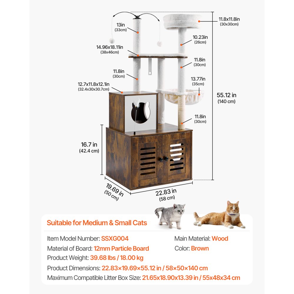 VEVOR Large Cat Tree with Litter Box Enclosure, 55.12 inches Tall, 2-in-1 Cat Tower, Multi-level Cat Condo Furniture with Perches, Sisal Scratching Posts, Hammock, Big Kittens House for Indoor Cats