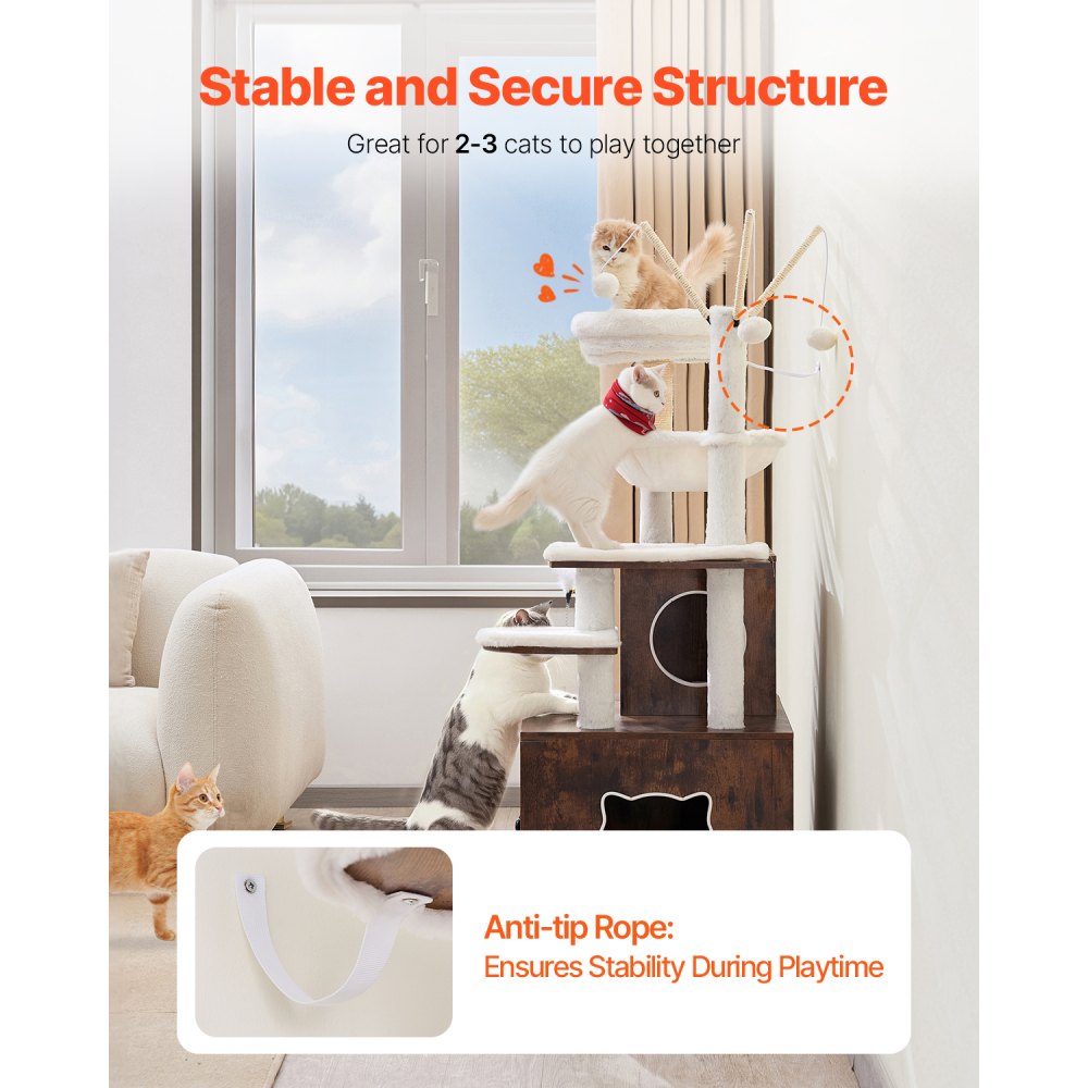 VEVOR Large Cat Tree with Litter Box Enclosure, 54.33 inches Tall, 2-in-1 Cat Tower, Multi-level Cat Condo Furniture with Perches, Sisal Scratching Posts, Hammock, Big Kittens House for Indoor Cats