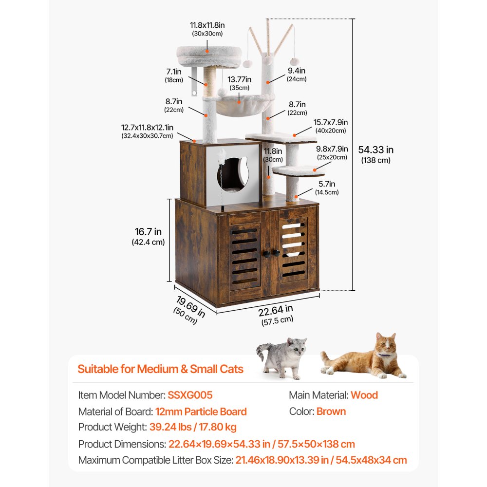 VEVOR Large Cat Tree with Litter Box Enclosure, 54.33 inches Tall, 2-in-1 Cat Tower, Multi-level Cat Condo Furniture with Perches, Sisal Scratching Posts, Hammock, Big Kittens House for Indoor Cats