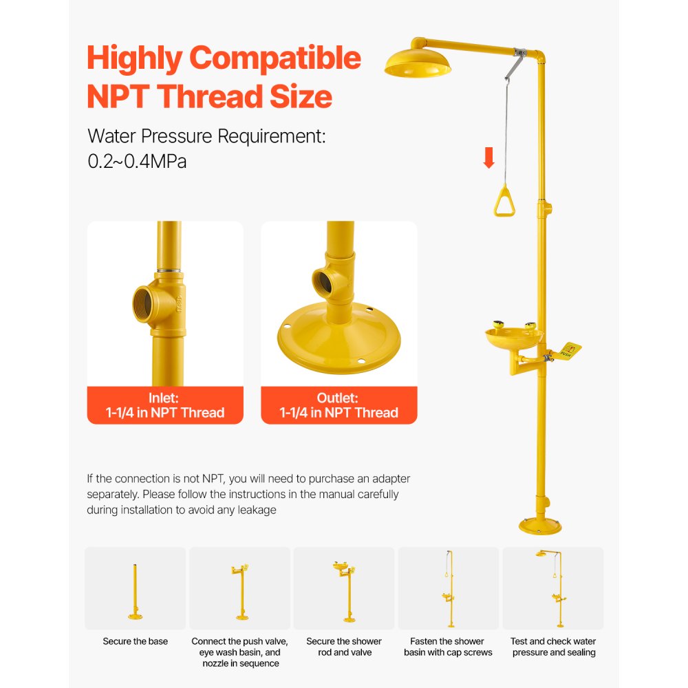 VEVOR Emergency Shower Eye Wash Station, 34.25 x 15.75 x 91.73 Inch 304 Stainless Steel Eyewash and Shower Combination, OSHA-Approved First Aid Eye Wash Station, for Schools, Labs, Factories, Yellow