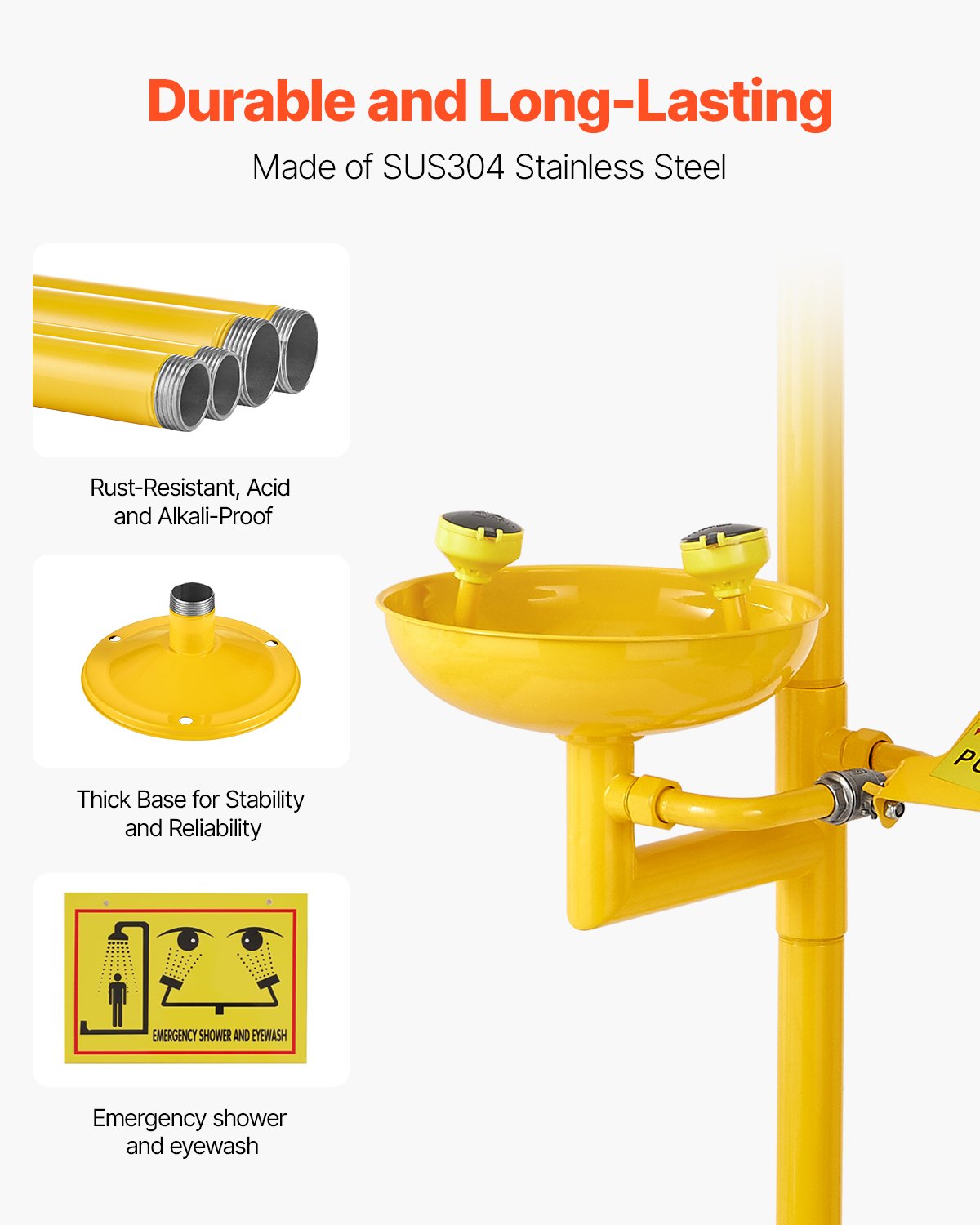 VEVOR Emergency Shower Eye Wash Station, 34.25 x 15.75 x 91.73 Inch 304 Stainless Steel Eyewash and Shower Combination, OSHA-Approved First Aid Eye Wash Station, for Schools, Labs, Factories, Yellow