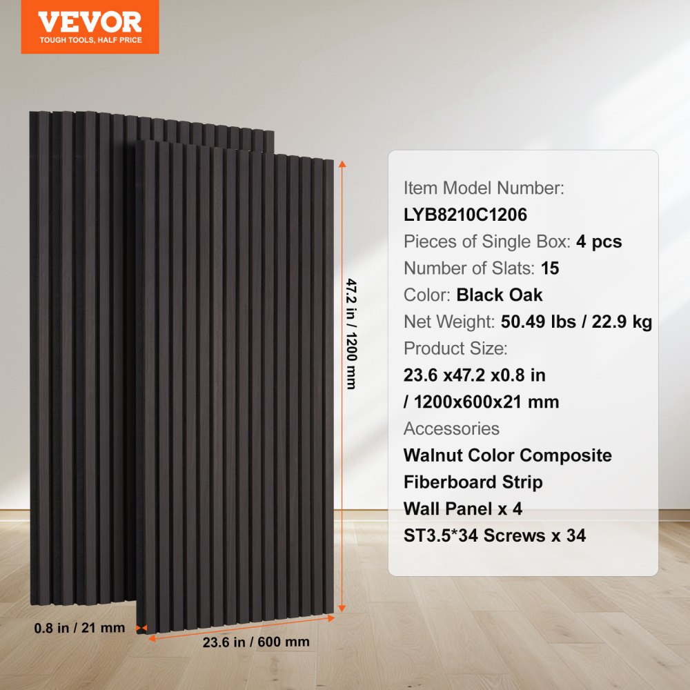 VEVOR Wood Slat Acoustic Panels, 23.6 x 47.2 inch, MDF Accent Wooden Wall Panels for Modern Interior Wall Decor, Faux Wood Wall Board Panels for Noise Reduction, Black Oak
