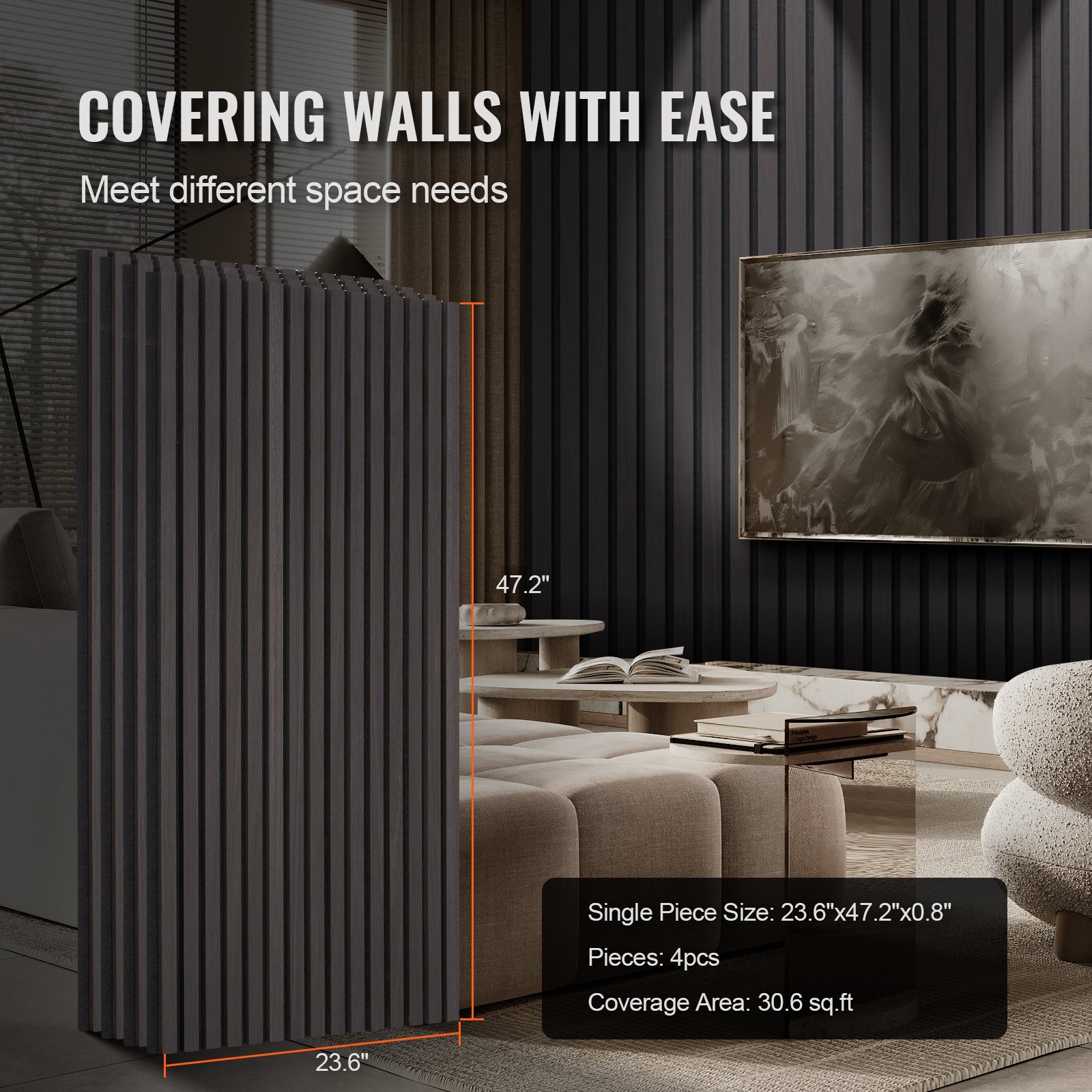 VEVOR Wood Slat Acoustic Panels, 23.6 x 47.2 inch, MDF Accent Wooden Wall Panels for Modern Interior Wall Decor, Faux Wood Wall Board Panels for Noise Reduction, Black Oak