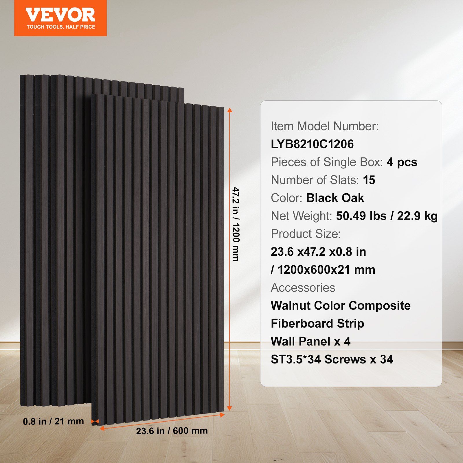 VEVOR Wood Slat Acoustic Panels, 23.6 x 47.2 inch, MDF Accent Wooden Wall Panels for Modern Interior Wall Decor, Faux Wood Wall Board Panels for Noise Reduction, Black Oak