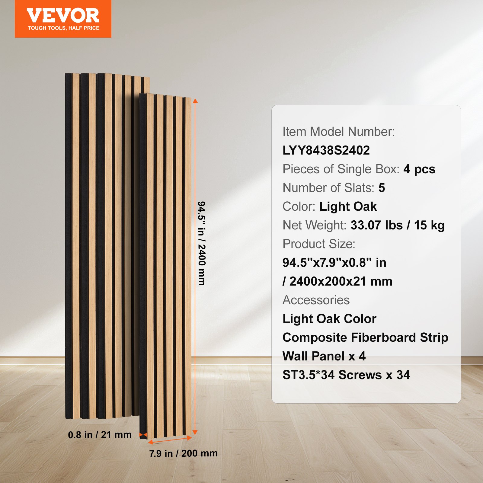 VEVOR Wood Slat Acoustic Panels, 7.9 x 94.5 inch, MDF Accent Wooden Wall Panels for Modern Interior Wall Decor, Faux Wood Wall Board Panels for Noise Reduction, Light Oak