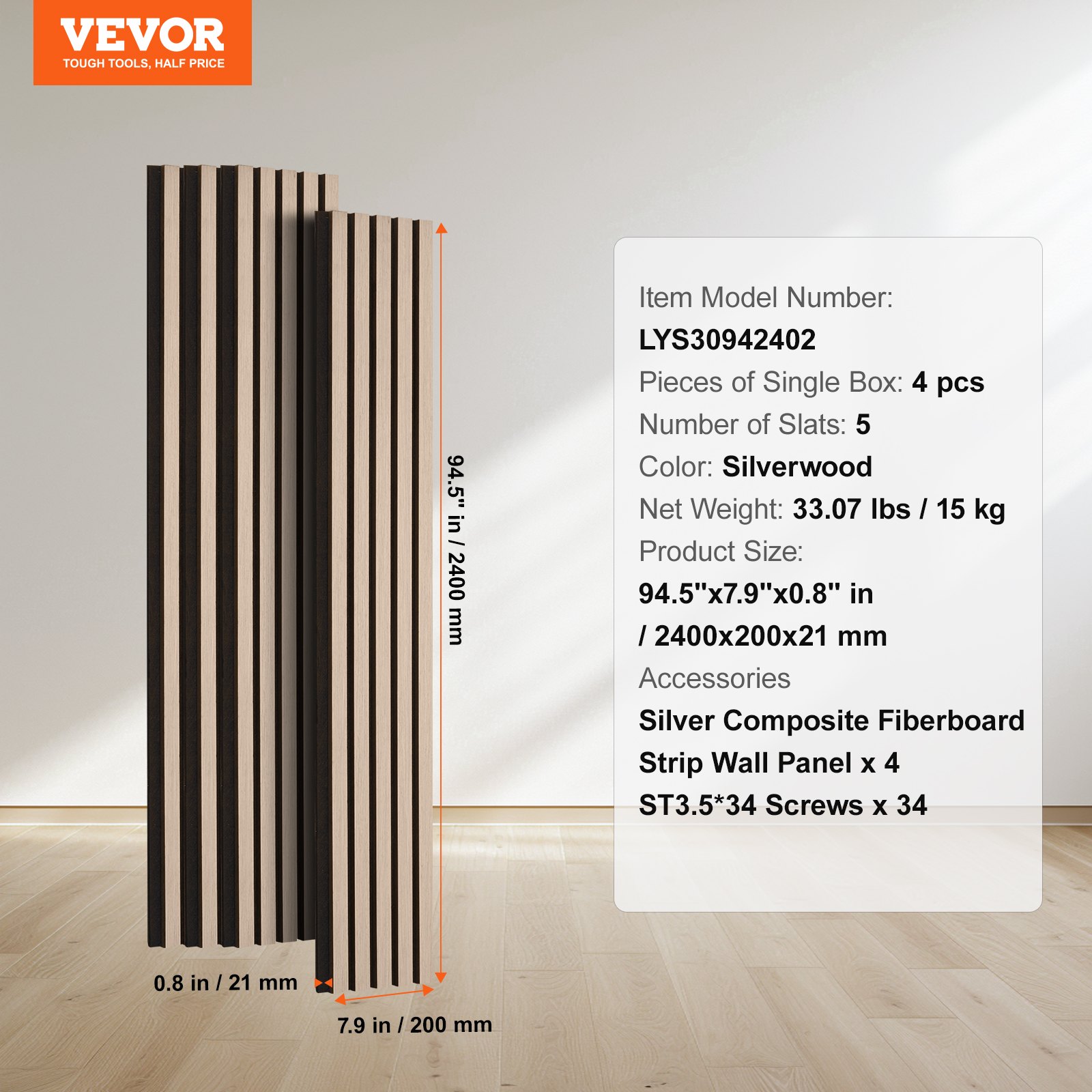 VEVOR Wood Slat Acoustic Panels, 7.9 x 94.5 inch, MDF Accent Wooden Wall Panels for Modern Interior Wall Decor, Faux Wood Wall Board Panels for Noise Reduction, Silver Wood