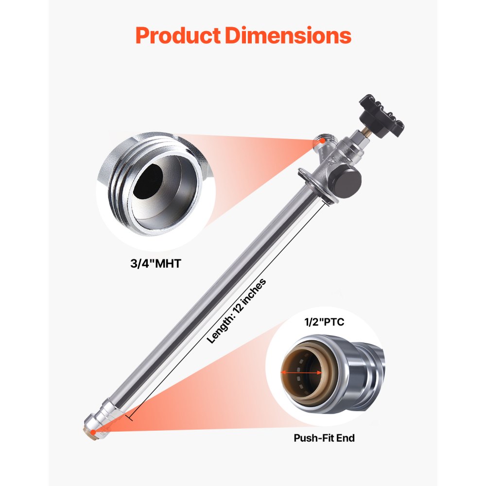 VEVOR 12-Inch Frost-Free Sillcock, 1/2" PTC x 3/4" MHT Hose Bibb, Anti-Siphon Lead-Free Brass Valve, Push-to-Connect Brass Plumbing Fitting, Compatible with PEX, Copper, CPVC Pipes