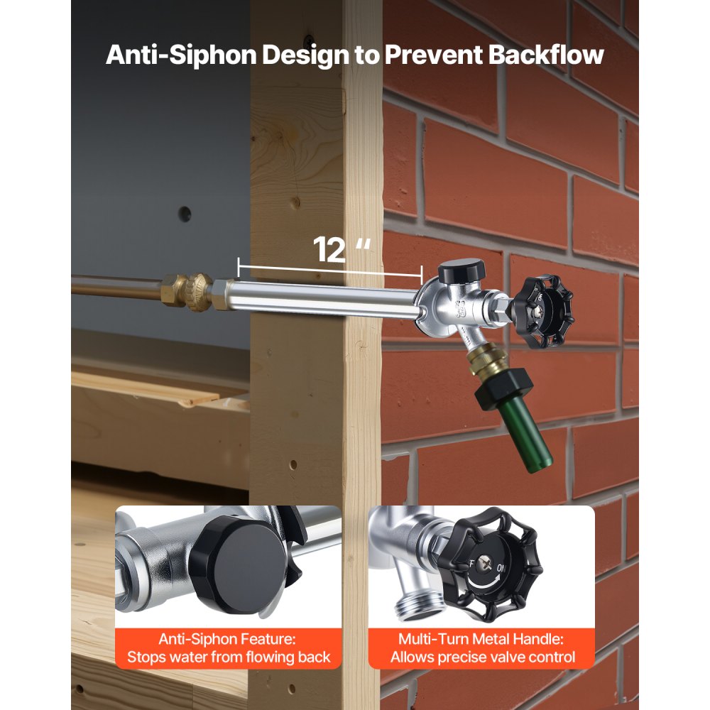 VEVOR 12-Inch Frost-Free Sillcock, 1/2" PTC x 3/4" MHT Hose Bibb, Anti-Siphon Lead-Free Brass Valve, Push-to-Connect Brass Plumbing Fitting, Compatible with PEX, Copper, CPVC Pipes
