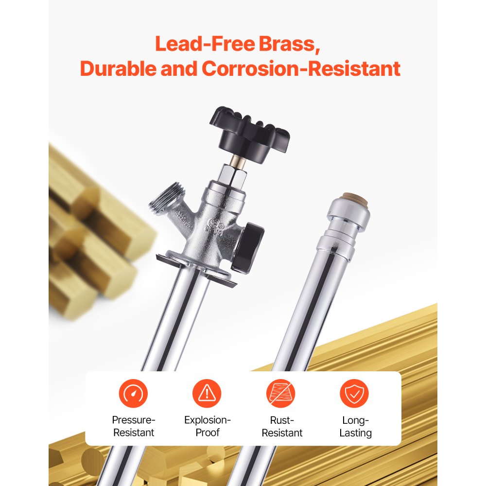 VEVOR 12-Inch Frost-Free Sillcock, 1/2" PTC x 3/4" MHT Hose Bibb, Anti-Siphon Lead-Free Brass Valve, Push-to-Connect Brass Plumbing Fitting, Compatible with PEX, Copper, CPVC Pipes