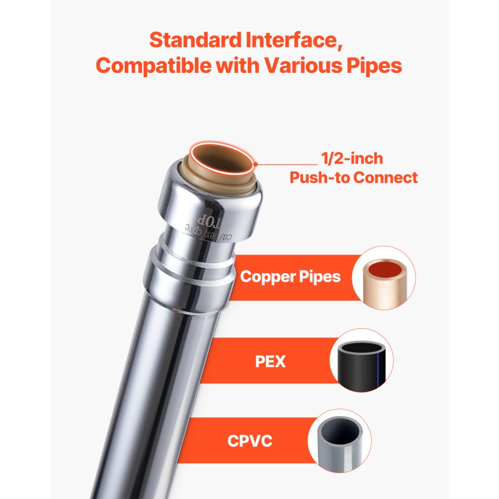VEVOR 12-Inch Frost-Free Sillcock, 1/2" PTC x 3/4" MHT Hose Bibb, Anti-Siphon Lead-Free Brass Valve, Push-to-Connect Brass Plumbing Fitting, Compatible with PEX, Copper, CPVC Pipes