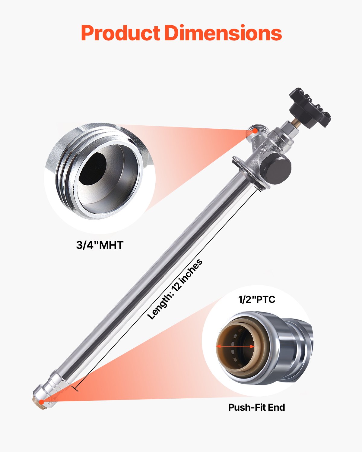 VEVOR 12-Inch Frost-Free Sillcock, 1/2" PTC x 3/4" MHT Hose Bibb, Anti-Siphon Lead-Free Brass Valve, Push-to-Connect Brass Plumbing Fitting, Compatible with PEX, Copper, CPVC Pipes